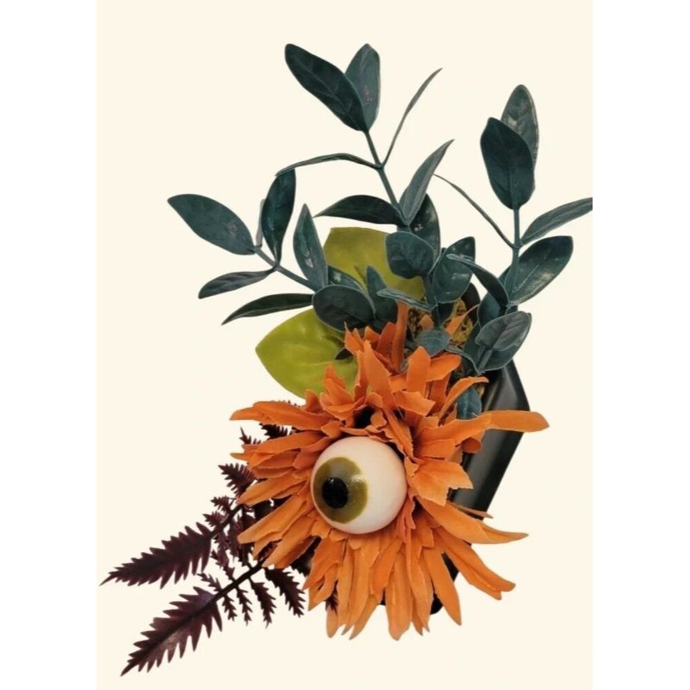 Eyeball Faux Floral Arrangement Orange Black Halloween Gothic Decor 5” NWT